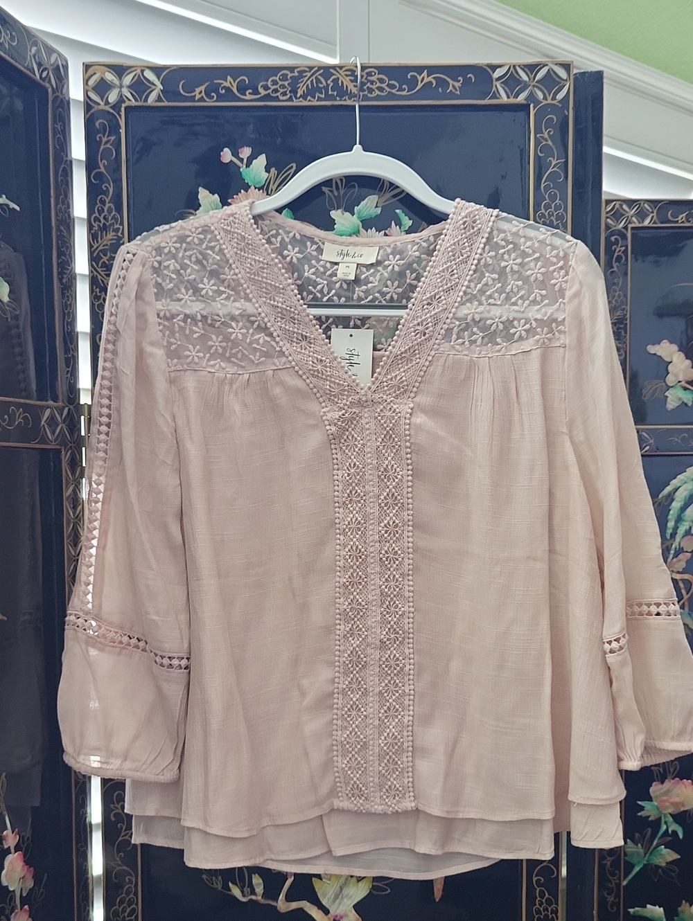 Style & Co. Blush Pink Embroidered V-Neck Peasant Blouse